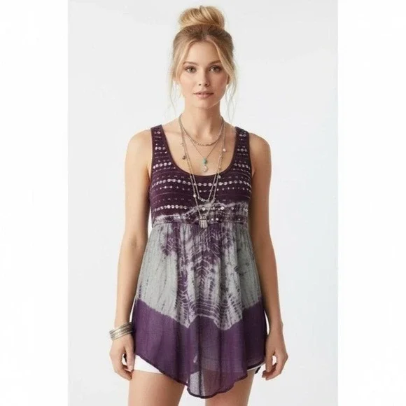 Boho Purple Beaded Sequin Flowy Tie Dye Top XL - Picture 2 of 9